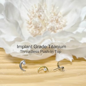 Implant Grade Titanium Threadless Push In Crescent Moon CZ Top • Tragus Nose Helix Cartilage Conch Ear