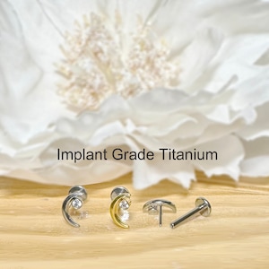 20G/18G/16G Implant Grade Titanium Threadless Push In Crescent Moon CZ Top Labret Bar Stud • Tragus Nose Helix Cartilage Conch Ear