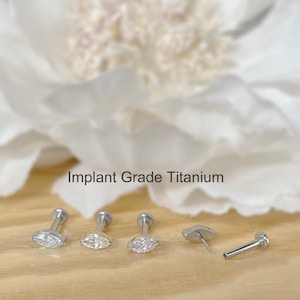 20G/18G/16G Implant Grade Titanium Threadless Push In Marquise CZ Top Bezel Set Labret Bar Stud • Tragus Nose Helix Cartilage Conch Ear