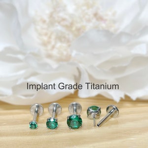 Implant Grade Titanium Threadless Push In Emerald Green CZ Top Labret Bar Stud • 20G/18G/16G • Tragus Nose Helix Cartilage Conch Ear