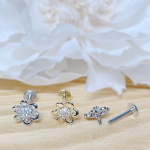 16G Flower CZ Internally Threaded Flat Back Labret, Tragus, Cartilage, Piercing, Stud Earrings • 316L Surgical Steel • 6mm 8mm