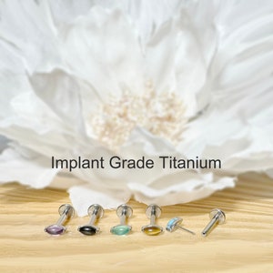 20G/18G/16G Implant Grade Titanium Threadless Push In Marquise Natural Stone Top Labret Bar Stud • Tragus Nose Helix Cartilage Conch Ear