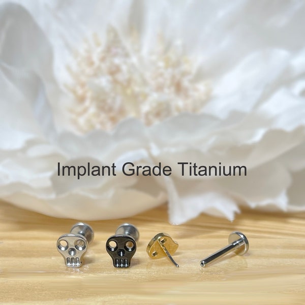 Implant Grade Titanium Threadless Push In Hollow Skull Top Labret Bar Stud • 20G/18G/16G • Tragus Helix Cartilage Conch Ear