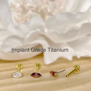 20G/18G/16G Gold Implant Grade Titanium Threadless Push In Marquise CZ Top Labret Bar Stud • Tragus Nose Helix Cartilage Conch Ear