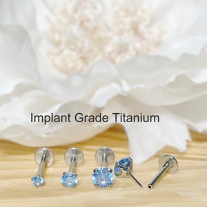 Implant Grade Titanium Threadless Push In Aqua CZ Top Labret Bar Stud • 20G/18G/16G • Tragus Nose Helix Cartilage Conch Ear