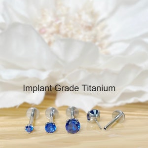 Implant Grade Titanium Threadless Push In Blue CZ Top Labret Bar Stud • 20G/18G/16G • Tragus Nose Helix Cartilage Conch Ear