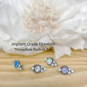 Implant Grade Titanium Threadless Push In Top Opal Or CZ Cluster Bezel Set Top Tragus Nose Helix Cartilage Tragus Conch Ear