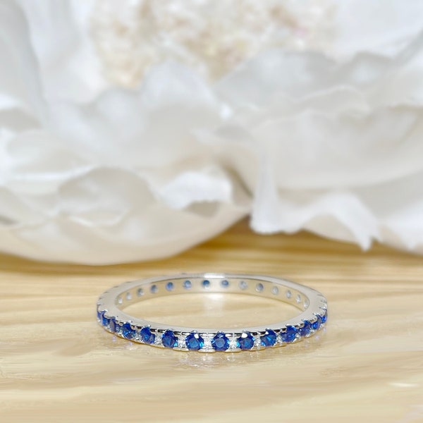 Dainty Sapphire Stacking Eternity Band Ring • Silver Minimalist Ring • Simple Blue Sapphire Band Ring • Silver Ring • Gift for Her