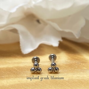 Implant Grade Titanium Threadless Push in Labret, Flat Back Studs, Triangular Ball Cluster Top, Cartilage, Monroe, Tragus, Earring