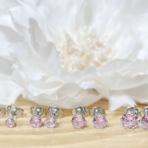 Pair of 316L Surgical Steel 3mm 4mm 5mm 6mm Pink CZ Stud Earrings
