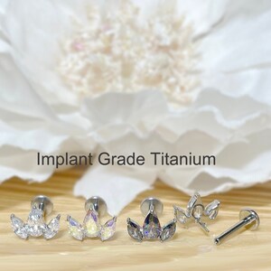 Implant Grade Titanium Threadless Push In Triple-CZ Top Labret Bar Stud • 20G/18G/16G • Tragus Helix Cartilage Conch Ear