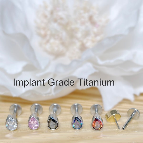 Implant Grade Titanium Threadless Push In Teardrop CZ Top Labret Bar Stud • 20G/18G/16G • Tragus Helix Cartilage Conch Ear