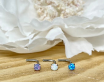 18ga 20ga 316L Surgical Steel Opal Prong Set L Bend Nose Screw Ring, White, Blue, Purple Opal