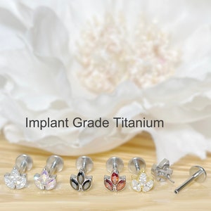 Implant Grade Titanium Threadless Push In 3-Marquise CZ Leaf Top Labret Bar Stud • 20G/18G/16G • Tragus Helix Cartilage Conch Ear
