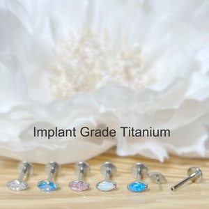 20G/18G/16G Implant Grade Titanium Threadless Push In Marquise CZ Top Bezel Set Labret Bar Stud • Tragus Nose Helix Cartilage Conch Ear