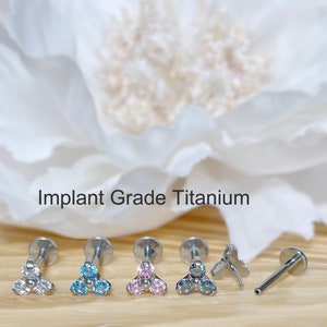 20G/18G/16G Implant Grade Titanium Threadless Push In Triangle CZ Top Labret Bar Stud • Tragus Helix Cartilage Conch Ear