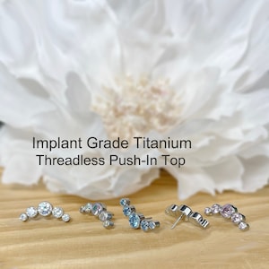 Implant Grade Titanium Threadless Push In Crystal Curve Top • Tragus Helix Cartilage Conch Ear