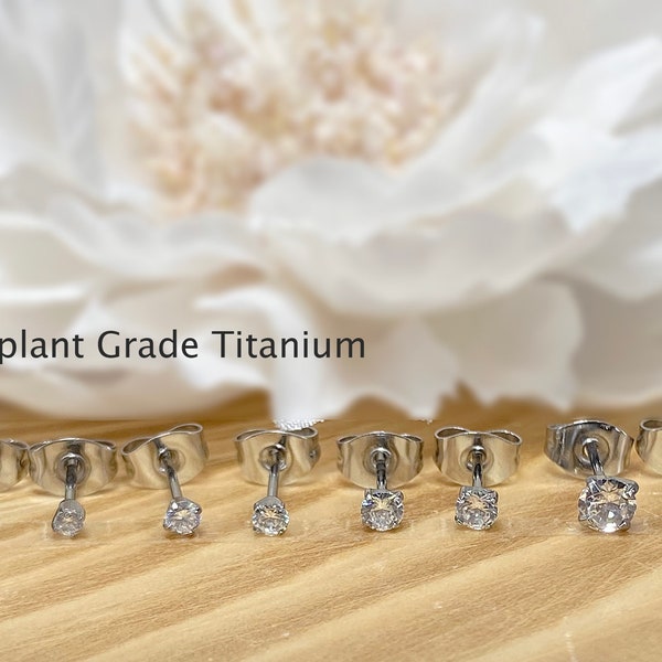 Pair of Implant Grade Titanium White Clear Prong Set CZ Stud Earrings 2mm, 2.5mm, 3mm, 4mm, 5mm, 6mm, 7mm Stud Earrings