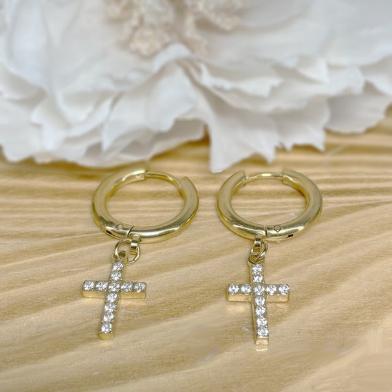 Pair of 316L Surgical Steel Dangling Cross Hoop Earrings Pair of 316L Surgical Steel Dangling Cross Hoop Earrings