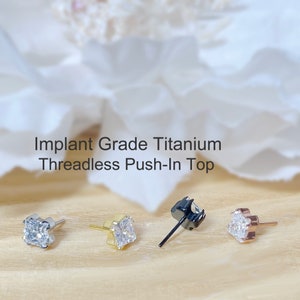Implant Grade Titanium Threadless Push In Square CZ Top Prong Set • Tragus Nose Helix Cartilage Tragus Conch Ear