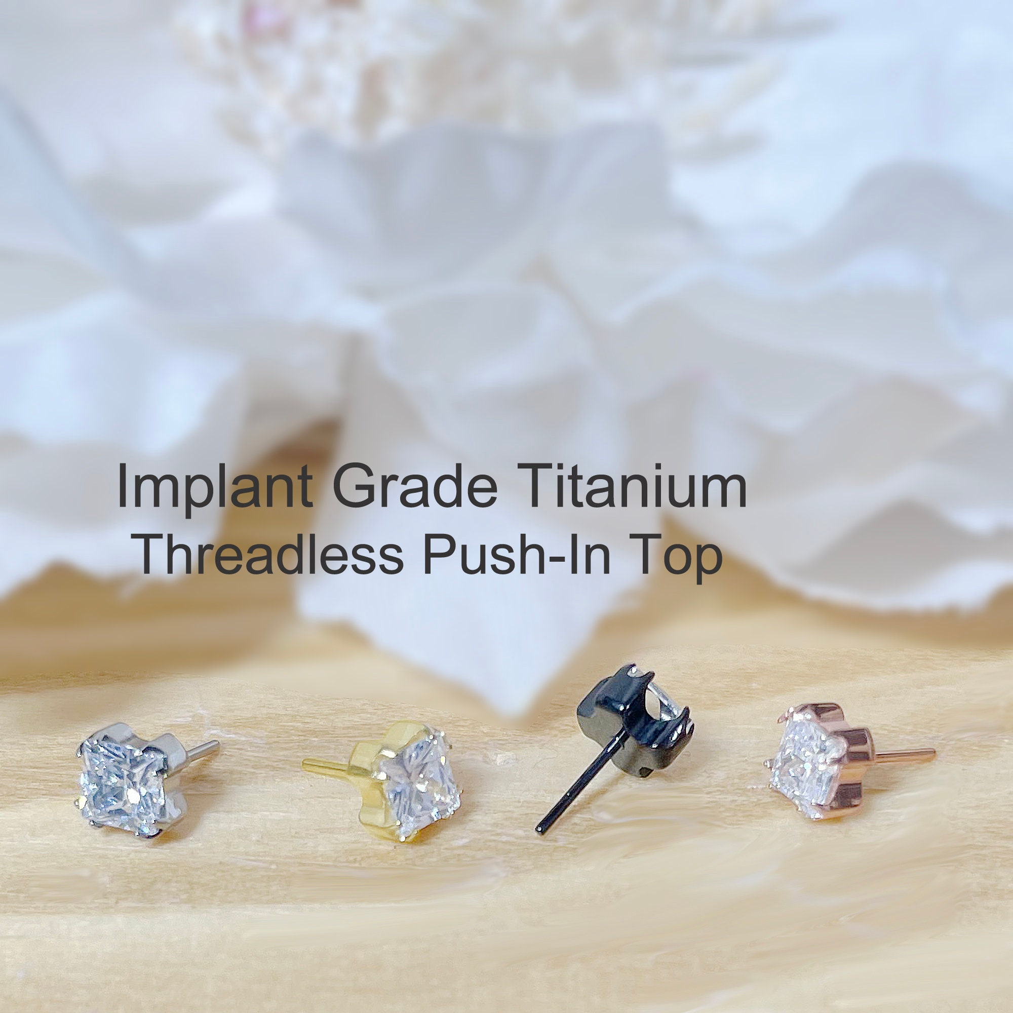 Implant Grade Titanium Threadless Push In Square CZ Top Prong Set • Tragus Nose Helix Cartilage Tragus Conch Ear