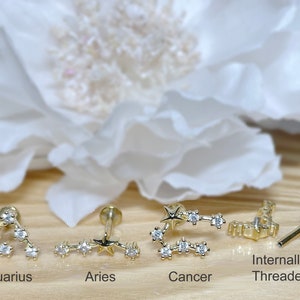 16G 18G Gold Plated CZ Zodiac Constellation Labret Stud Internally Threaded • 316L Surgical Steel