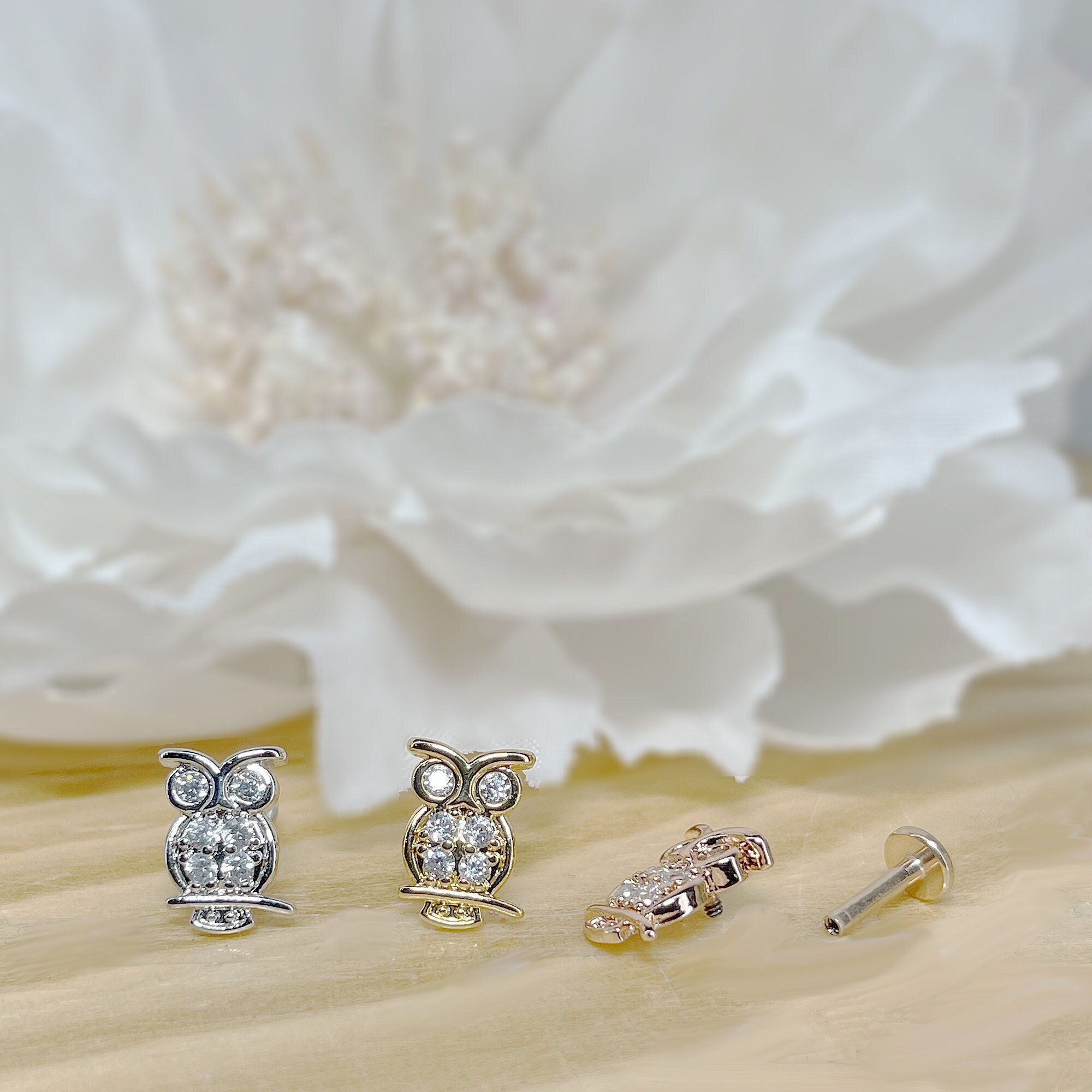 16ga CZ Paved Owl Top on Internally Threaded Flat Back Labret, Tragus, Cartilage, Piercing, Stud Ear