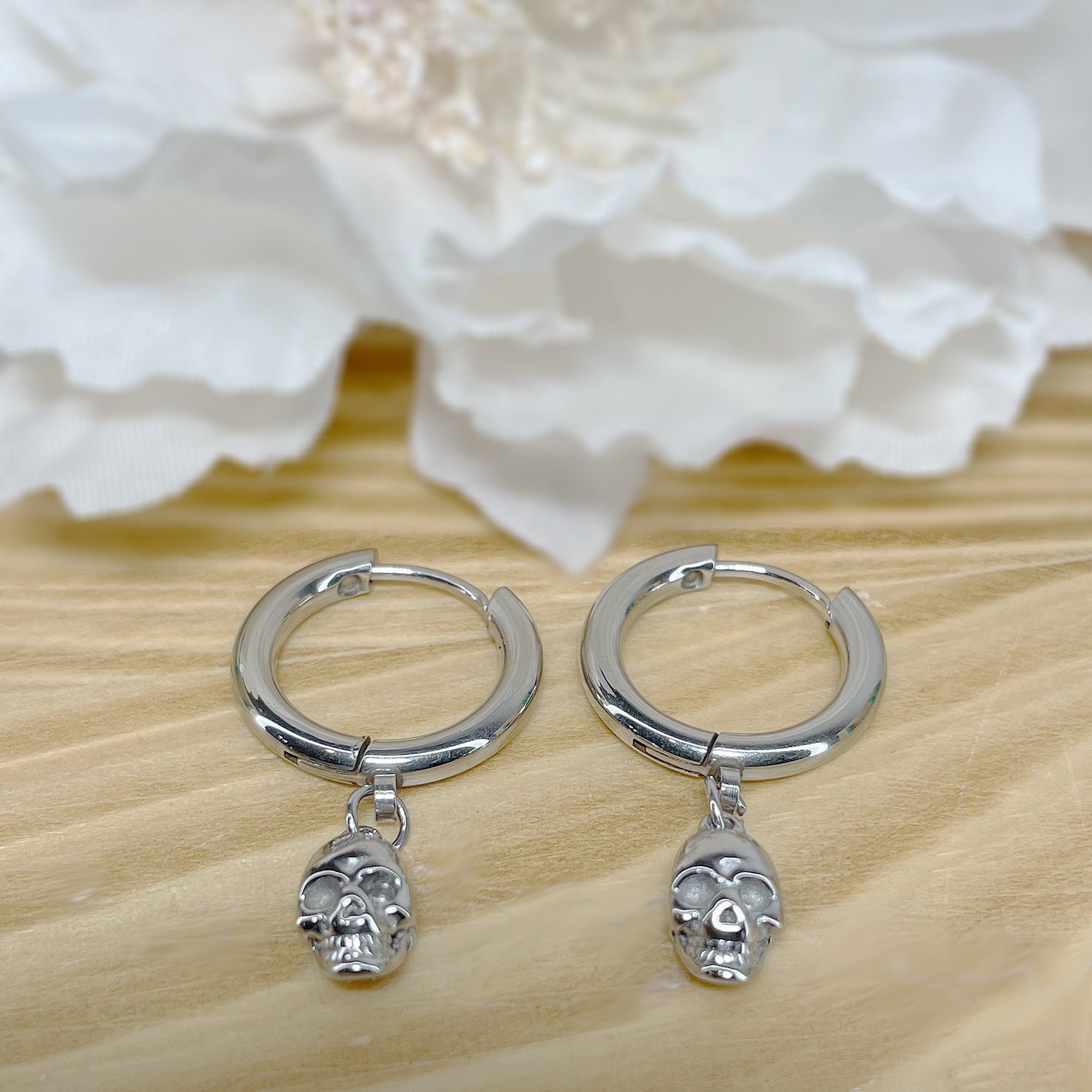 Pair of 316L Surgical Steel Hoop Earrings with Skull Dangle • 20ga