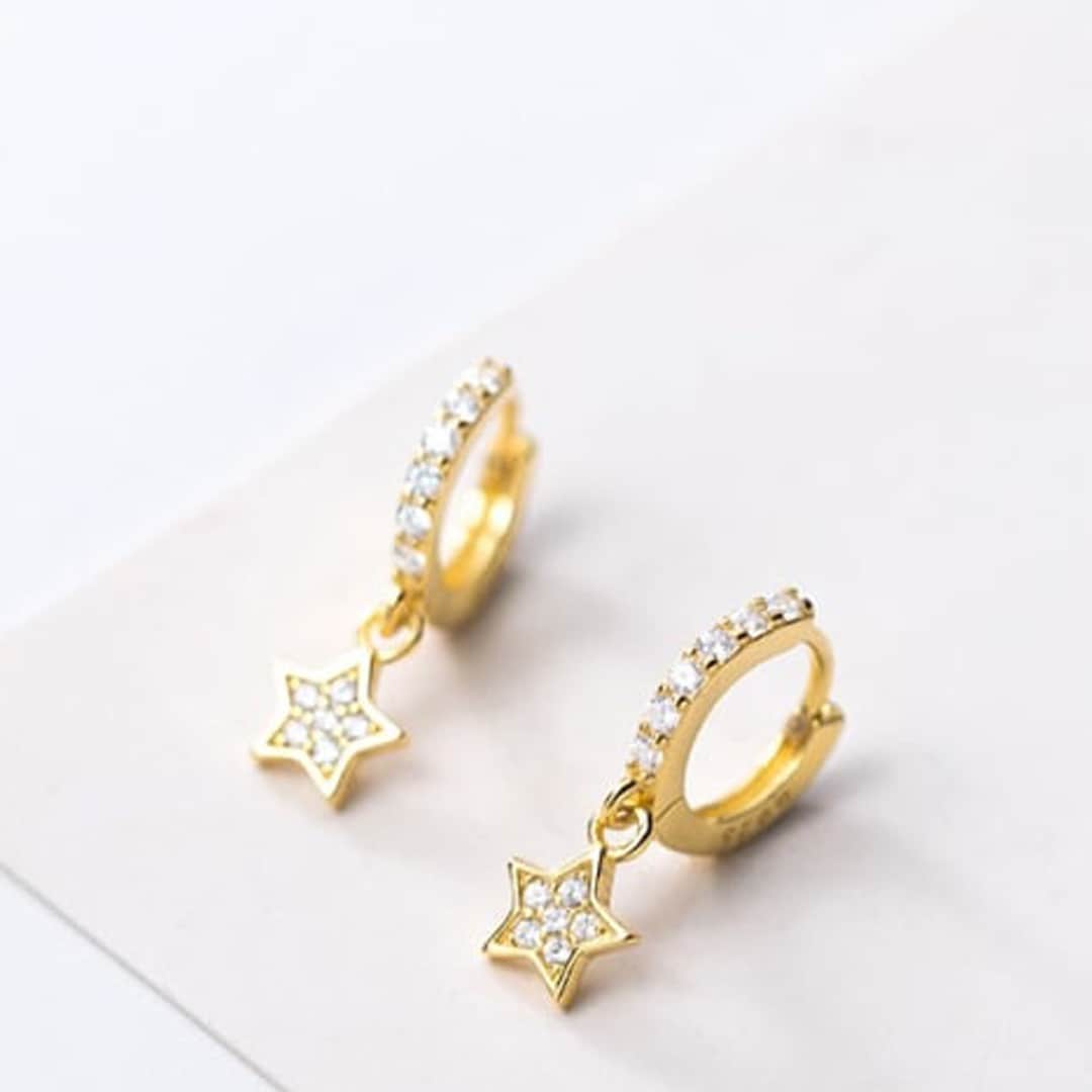 Star Dangle Hoop Earrings CZ Star Hoop Earrings Small Gold Huggie Hoop ...