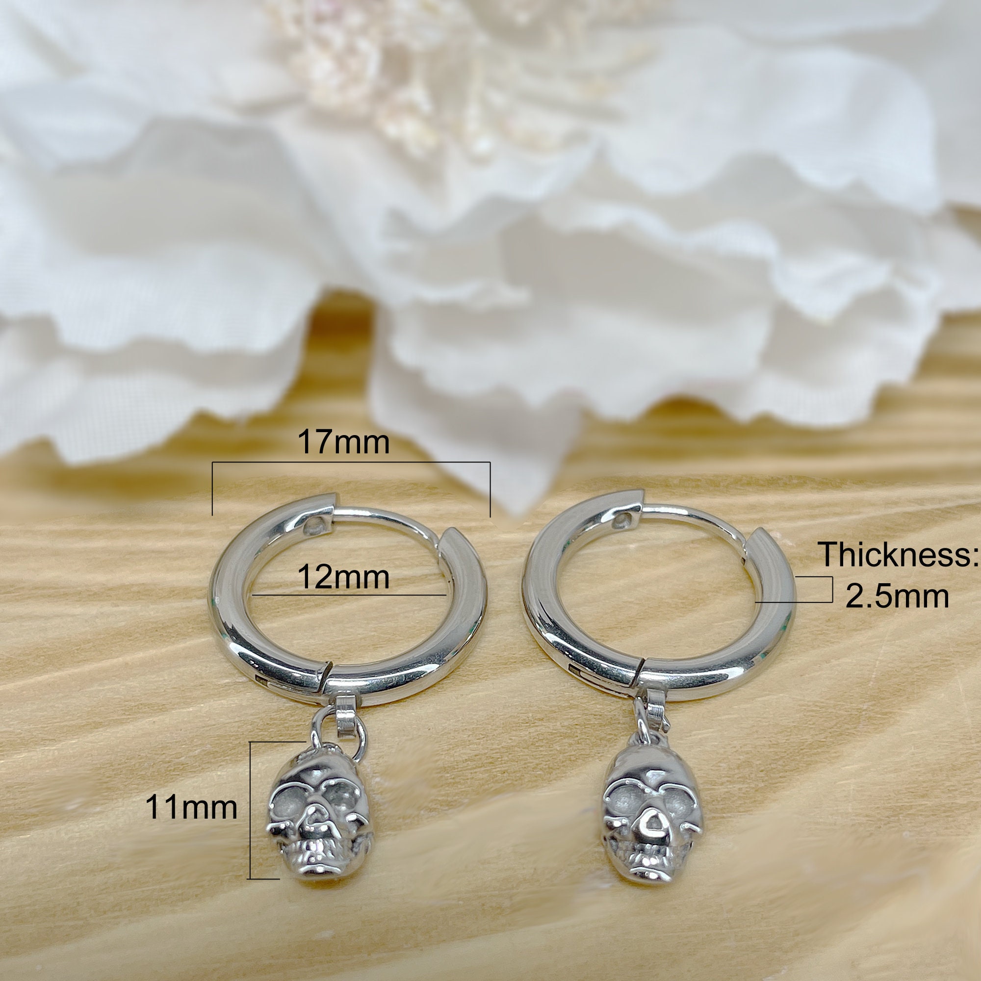 Pair of 316L Surgical Steel Hoop Earrings with Skull Dangle • 20ga