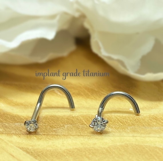 Implant Grade Titanium Corkscrew Nose Ring Stud with Prong White CZ Gem Implant Grade Titanium Corkscrew Nose Ring Stud with Prong White CZ Gem