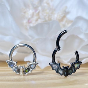 16G 8mm Bat and Abalone Shell Hinged Segment Ring • 316L Surgical Steel • Bat Clicker Hoop Ring