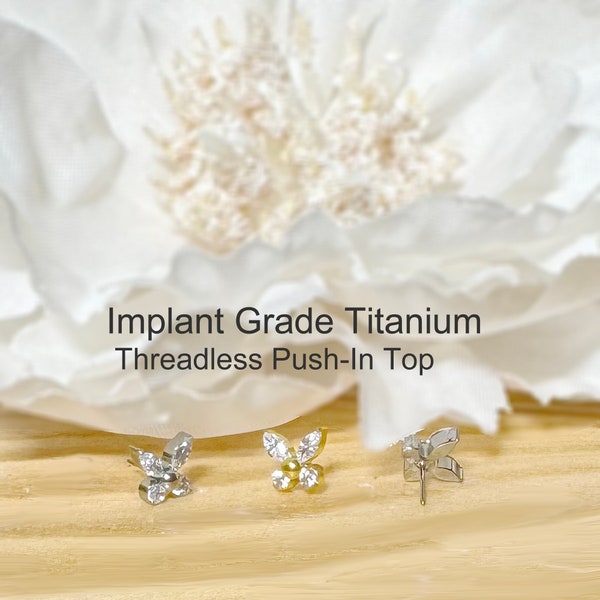 Implant Grade Titanium Threadless Push In CZ Butterfly Top • Tragus Helix Cartilage Conch Ear