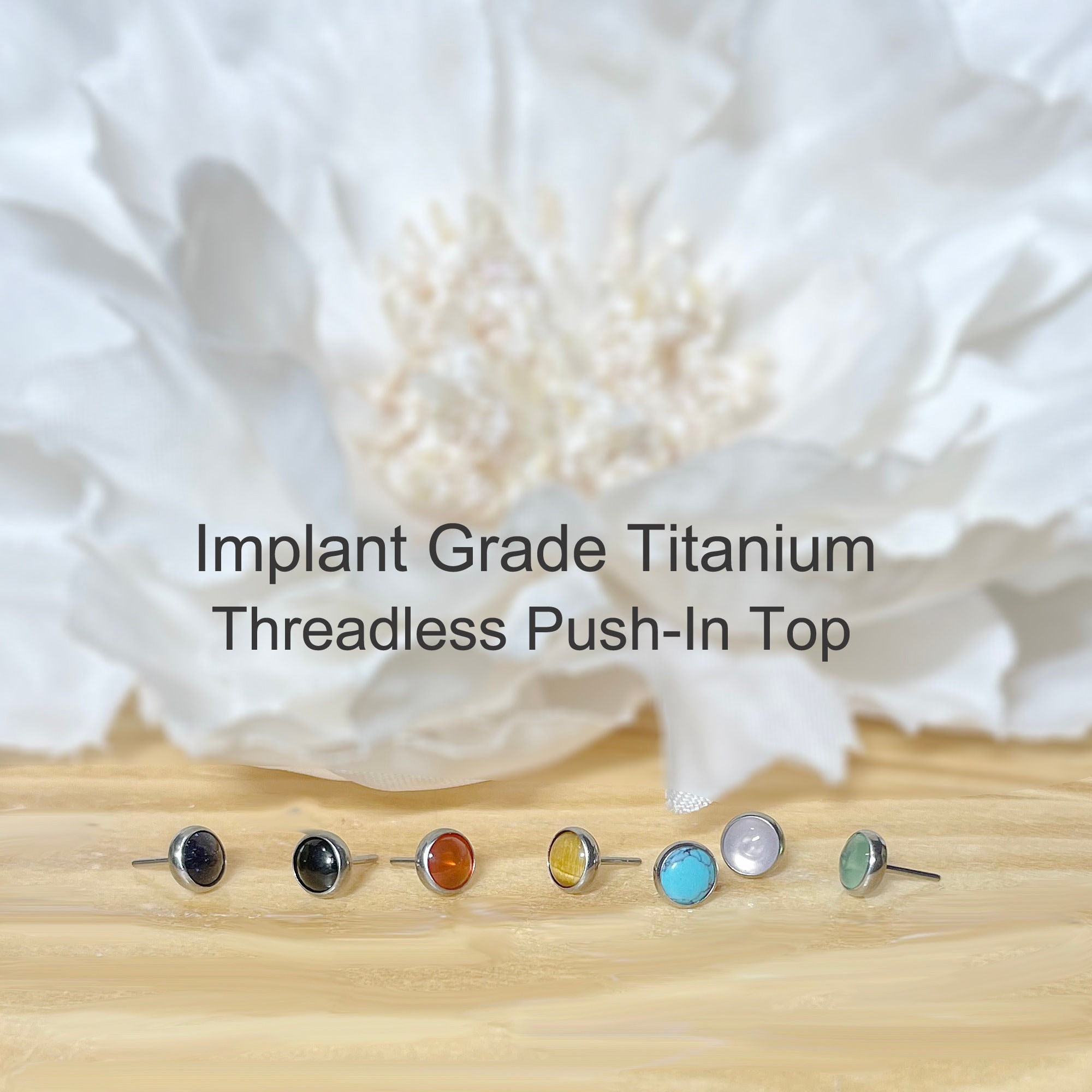 Implant Grade Titanium Threadless Push In Natural Stone Top • Tragus Nose Helix Cartilage Tragus Conch Ear