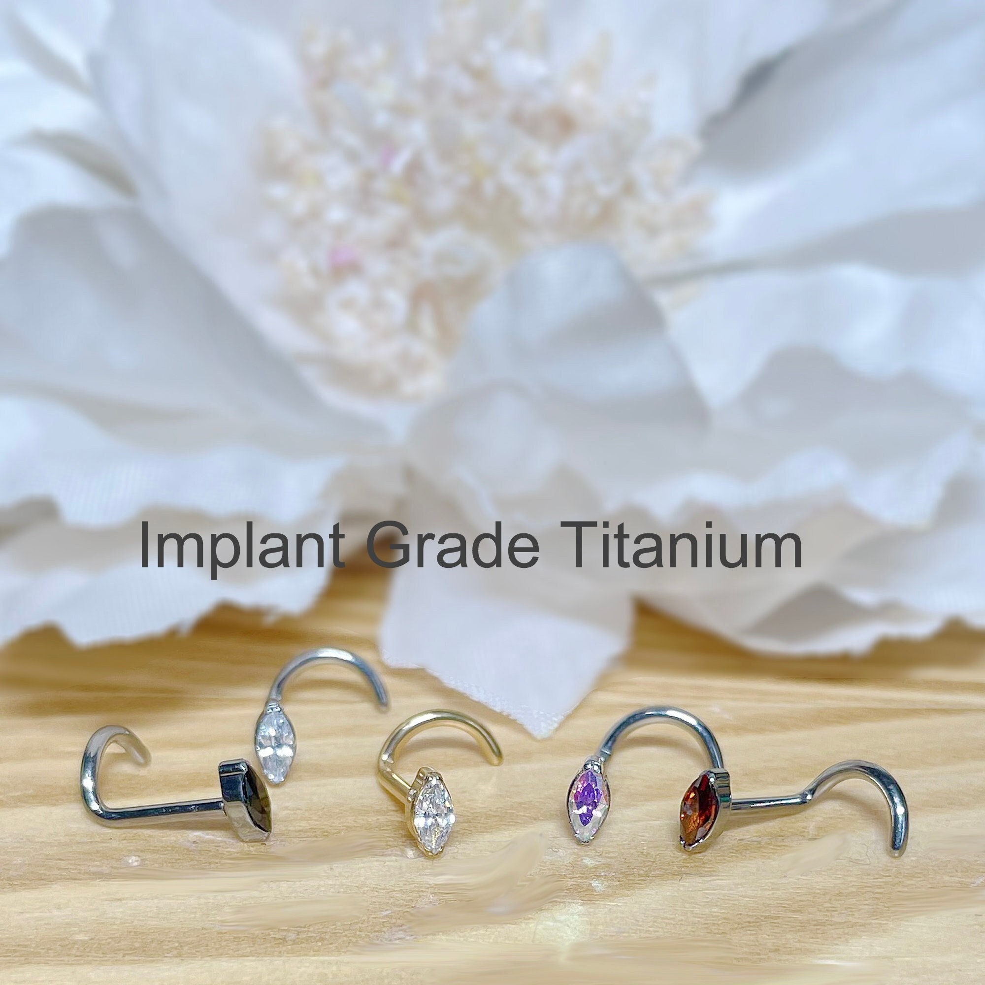 Implant Grade Titanium Aurora Borealis Marquise CZ Gem Corkscrew Nose Ring Stud Implant Grade Titanium Aurora Borealis Marquise CZ Gem Corkscrew Nose Ring Stud