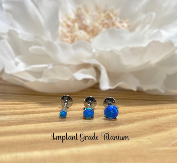 Implant Grade Titanium Blue Opal Flower Internally Threaded Flat Back Labret Implant Grade Titanium Blue Opal Flower Internally Threaded Flat Back Labret