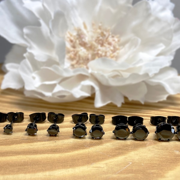 Pair of 316L Surgical Steel Black PVD 3mm 4mm 5mm 6mm 7mm 8mm 9mm 10mm Black Cz Gem Hypoallergenic Stud Earrings