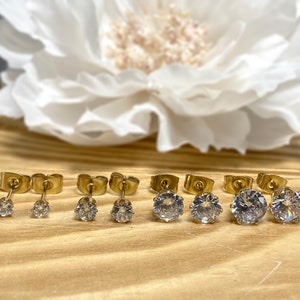 Pair of 316L Surgical Steel Gold PVD 3mm 4mm 5mm 6mm 7mm 8mm 9mm 10mm White Cz Gem Hypoallergenic Stud Earrings
