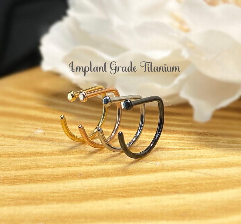 18ga Implant Grade Titanium D Shape Flat End Nose Hoop Rings, Gold, Steel, Rose Gold, Black, 8mm, 10mm image 1