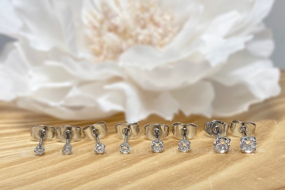 Pair of Implant Grade Titanium White Clear Prong Set outlet CZ Stud Earrings 2mm, 2.5mm, 3mm, 4mm, 5mm Stud Earrings