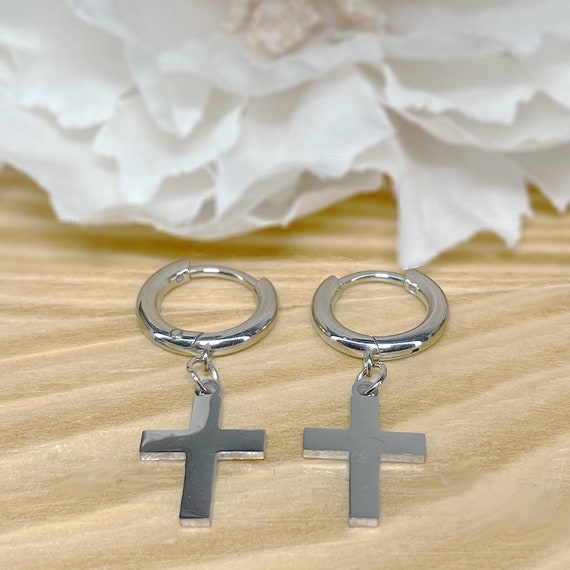 Pair Of 316L Surgical Steel Thin Hoop Earrings With Dangling Cross Pair Of 316L Surgical Steel Thin Hoop Earrings With Dangling Cross