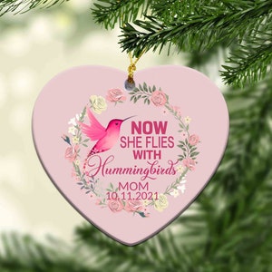 Now She Flies With Hummingbirds Ornament, Personalized Memorial Ornament, Hummingbird Ornament, Custom Name Ornament, Christmas Ornament