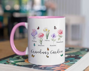 Personlig blommugg för födelsemånad, blommugg för födelsemånad, mormors trädgårdsmugg, födelseblomspresent, mors dag-present, familjeblomsmugg