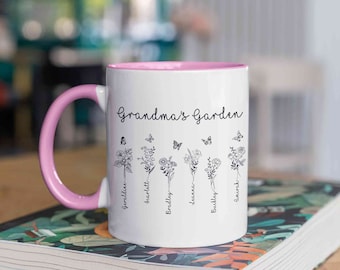 Personlig blommugg för födelsemånad, blommugg för födelsemånad, mormors trädgårdsmugg, födelseblomspresent, mors dag-present, familjeblomsmugg