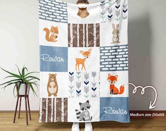 Personalisierte Babydecke, Waldbabydecke, kundenspezifische Babydecke, kundenspezifische Namensdecke, Decke für Jungen, kundenspezifische Tierdecke