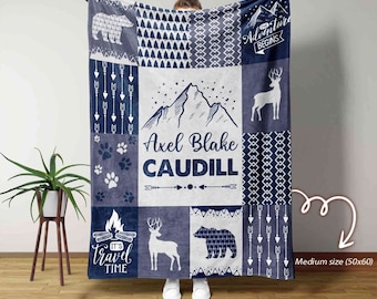 Manta de caza personalizada con camuflaje de alce, manta de aventura personalizada, manta con temática de montaña y vida silvestre, manta de bebé personalizada, regalo para amantes de las actividades al aire libre.