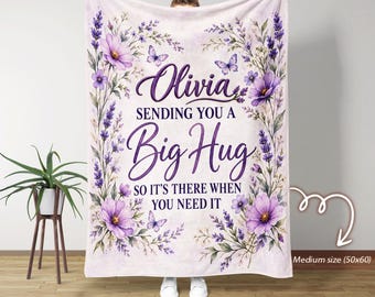 Personalized Big Hug Blanket, Custom Name Comfort Blanket, Sending You a Big Hug Gift, Long Distance Friendship Gift, Floral Butterfly Throw