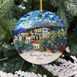 Ornamento di Atene, Ornamento della Grecia, Ornamento di Natale di Atene, Albero da viaggio di Atene, Regalo per le vacanze di Atene, Decorazione dell&#39;albero di Natale, Ornamento di coppia