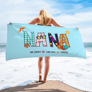 Toalla de playa personalizada para abuela, regalo de verano con flores y nombre personalizado para abuela, toalla de playa para abuela, regalo personalizado para abuela, toalla de verano con flores
