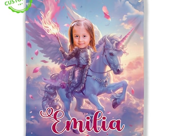 女の子用カスタムフェイスユニコーンブランケット、名前入りプリンセス